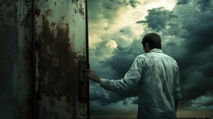 Fototapeta premium Rusty Iron Door with a Man Knocking and a Brewing Storm in the Distant Sky