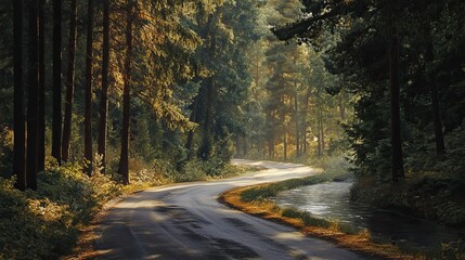 Obraz premium Winding Road Through a Sun-Dappled Forest