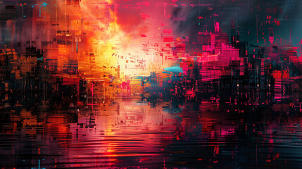 Obraz premium digital glitch art with chaotic color blocks and broken pixel patterns, showcasing a vibrant and abstract design with warm and dark tones
