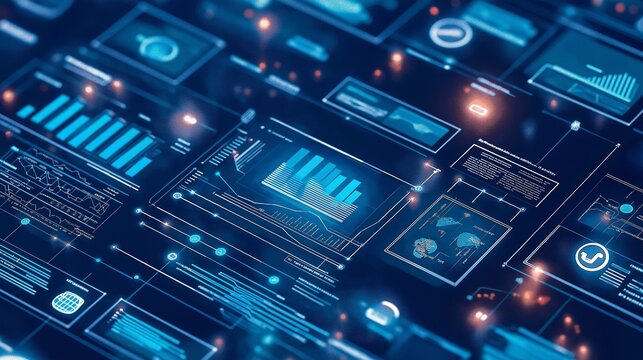 An illustration of business process automation concept, showcasing graphs for distribution analysis and consumption monitoring in a high-tech digital environment 