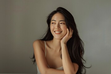 Beautiful young asian woman with clean fresh skin on white background half body shot with hand on face pose