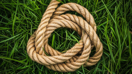 Fototapeta premium Coiled rope on green grass, overhead view. Outdoor camping and adventure concept