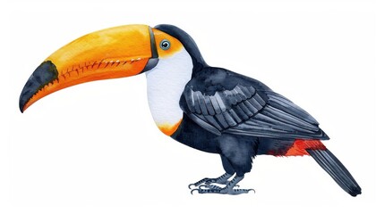 Naklejka premium A vibrant watercolor illustration of a toucan, depicted on a crisp white background for striking contrast and visual appeal.