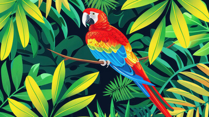 Obraz premium Colorful parrot perched on a branch, showcasing vibrant feathers in this stunning illustration that captures its beauty.