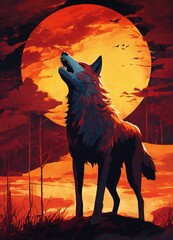 wolf howling at sunset