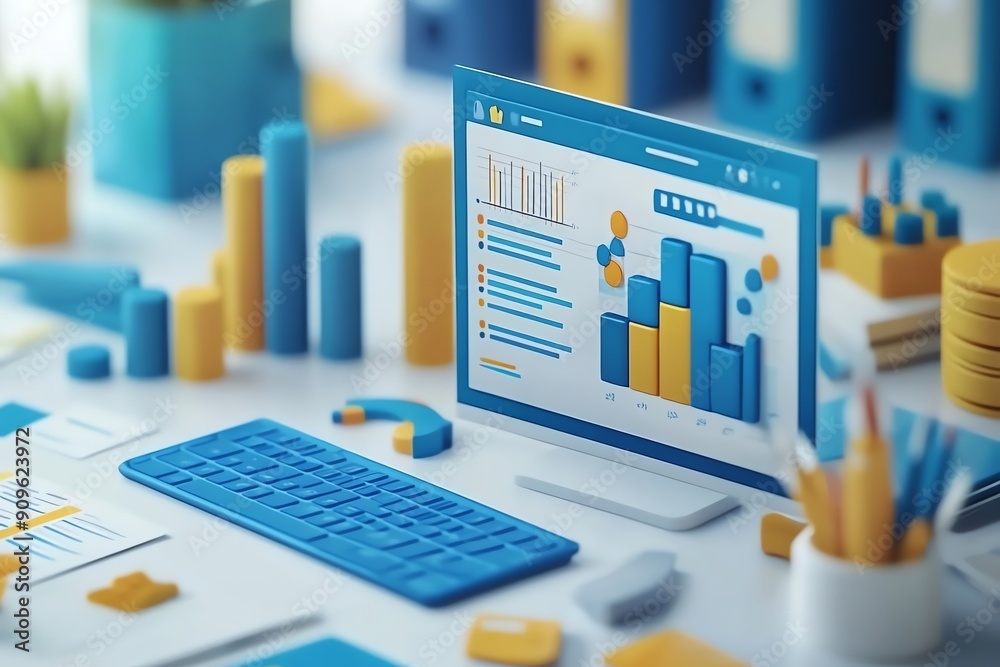 Poster Data analysis and growth on computer screen.