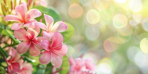 Exotic pink Frangipani flower in a natural pattern of blossoming color on soft green background Spring landscape featuring red Plumeria flower Bright and vivid spring flowers ideal for spa