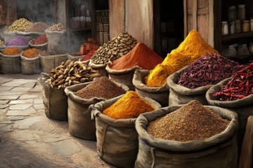 A rustic spice market, with mounds of various spices like turmeric, cinnamon, and chili, displayed in large sacks