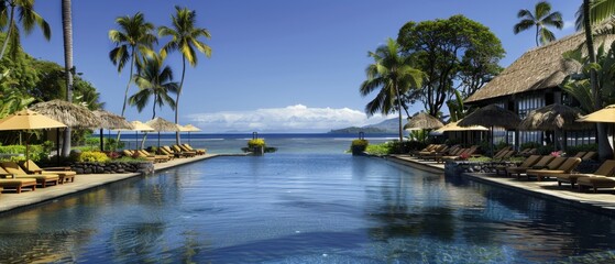 Luxurious resort pool area with sun loungers and palm trees overlooking the ocean on a sunny day.