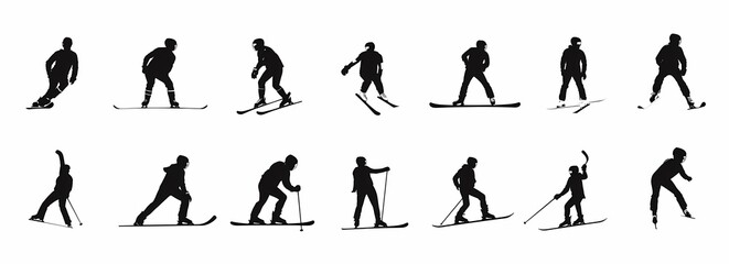 Silhouettes of skiers showcasing various skiing techniques and styles.