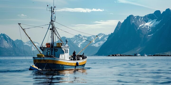 Unidentifiable fishermen on a vessel at sea in a Scandinavian region.