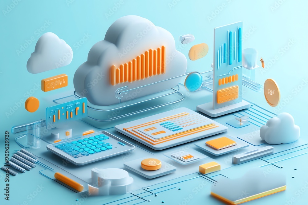 Aufkleber 3D Cloud Computing Illustration with Data and Network Icons.