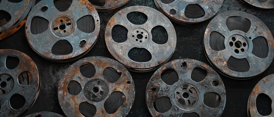 Fototapeta premium Overlay of old film reel artifacts, on black background, Generative AI