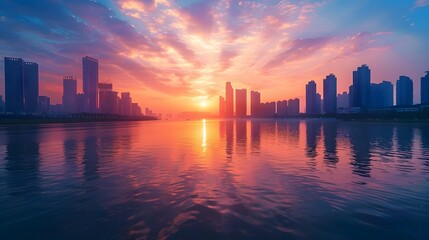 Obraz premium Stunning Sunrise Over Shimmering Cityscape With Towering Skyscrapers and Tranquil Waterfront
