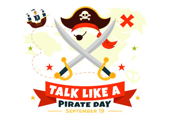 International Talk Like a Pirate Day Vector Illustration with Cute Pirate Cartoon Characters and Decorative Elements in Flat Style Cartoon Background