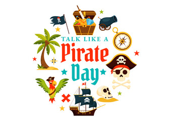 International Talk Like a Pirate Day Vector Illustration with Cute Pirate Cartoon Characters and Decorative Elements in Flat Style Cartoon Background