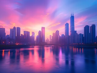 Fototapeta premium Captivating city skyline at dawn with vibrant colors and calm river reflection