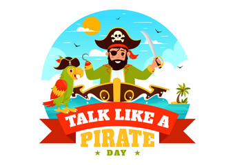 Fototapeta premium International Talk Like a Pirate Day Vector Illustration with Cute Pirate Cartoon Characters and Decorative Elements in Flat Style Cartoon Background
