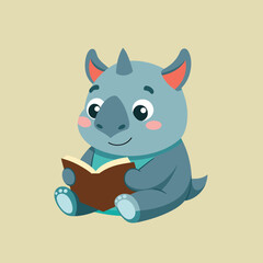 cute rhino reading book isolated back to school