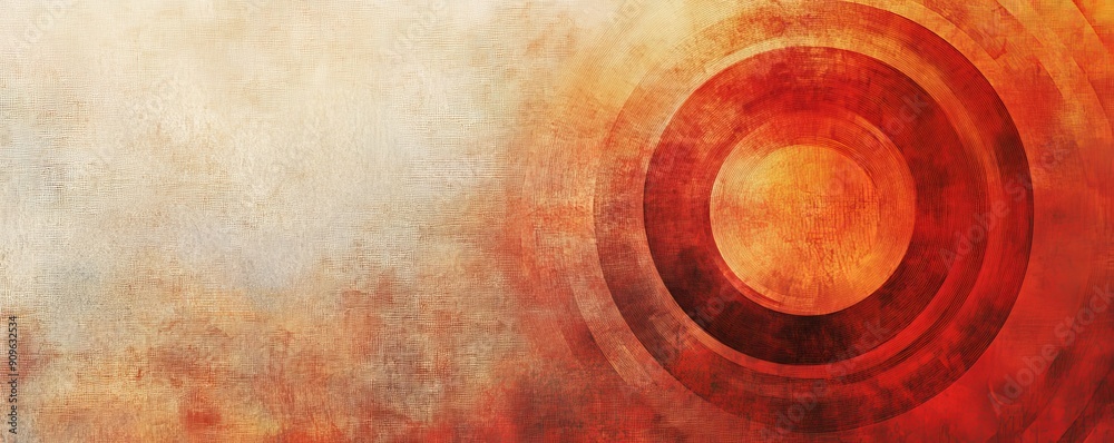 Poster Abstract red and orange concentric circles on textured background, artistic design. Modern art and contemporary concept