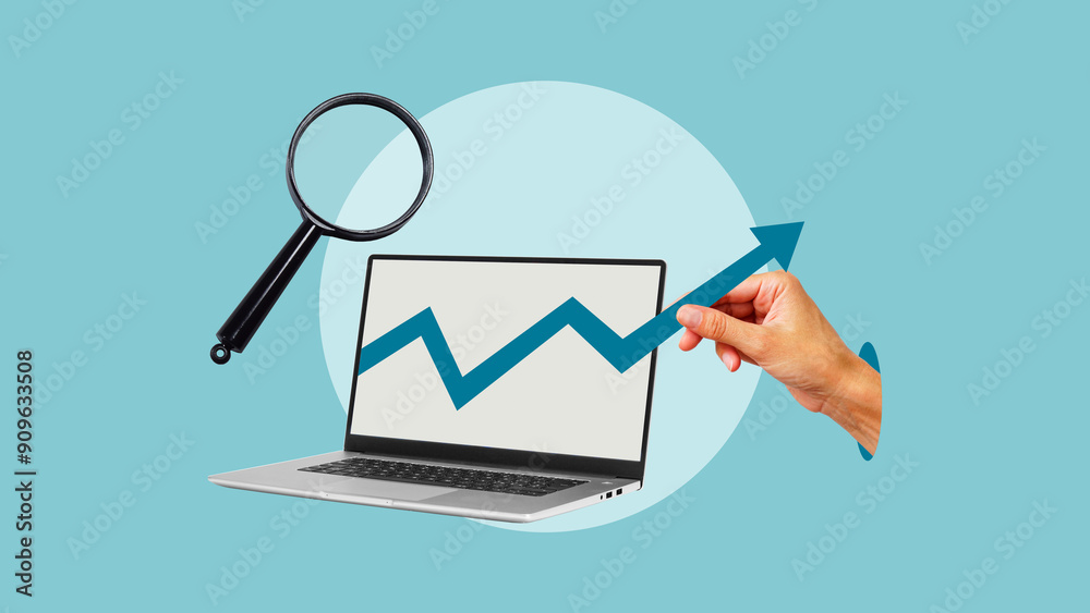 Poster the hand is holding graph to grow it up from the screen of laptop. increasing graph. future trends a