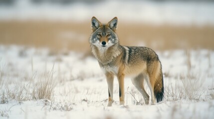 Obraz premium A coyote stands elegantly in a snowy field surrounded by winter grasses, showcasing its winter coat