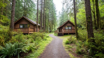 Two inviting wooden cabins are surrounded by vibrant greenery in a tranquil forest setting