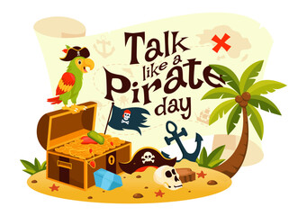 International Talk Like a Pirate Day Vector Illustration with Cute Pirate Cartoon Characters and Decorative Elements in Flat Style Cartoon Background