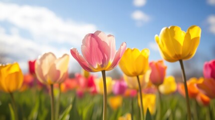 Fototapeta premium Colorful tulips flourish under a bright blue sky on a sunny spring day
