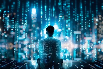 Fototapeta premium Digital Cityscape with Silhouette of Person.