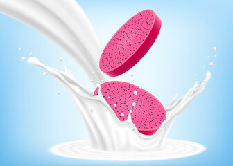 Exotic, tropical Dragon fruit in splash of yogurt or milk, cocktail splash and drops, Milkshake splash with pitaya or pitahaya. Realistic 3d vector illustration