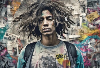 Fototapeta premium digital portrait of a person against a background of newspaper clippings