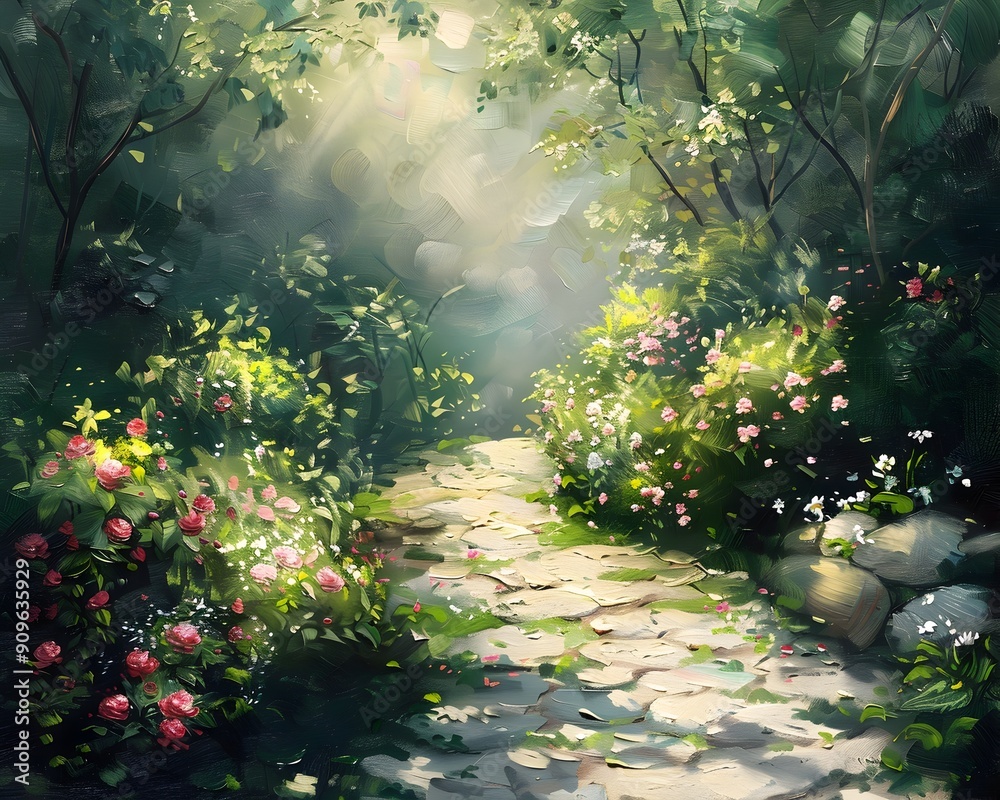 Wall mural Peaceful Garden Path with Blooming Flowers and Lush Greenery in Oil Painting Style