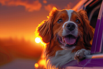 Fototapeta premium Happy Dog in Car at Sunset