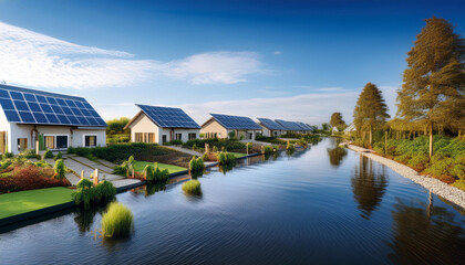 Fototapeta premium a climate-resilient community featuring homes with flood-resistant architecture and solar energy solutions. It highlights modern, sustainable living in areas prone to environmental challenges