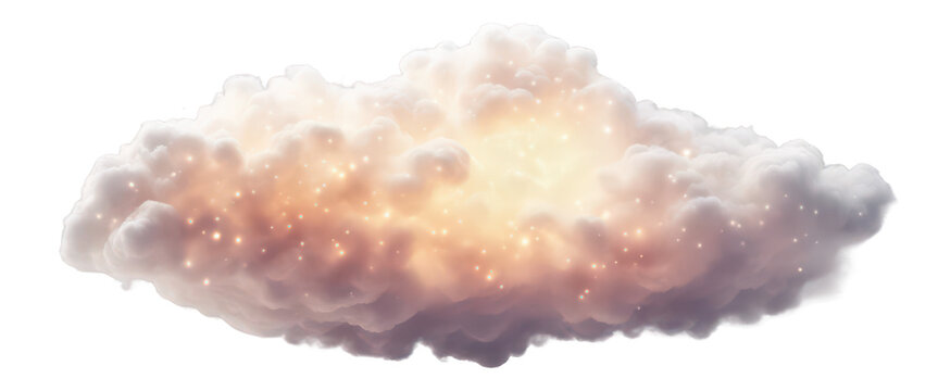 Fantasy cloud with a warm glow and stars, dreamy, isolate on transparent background, cutout, png