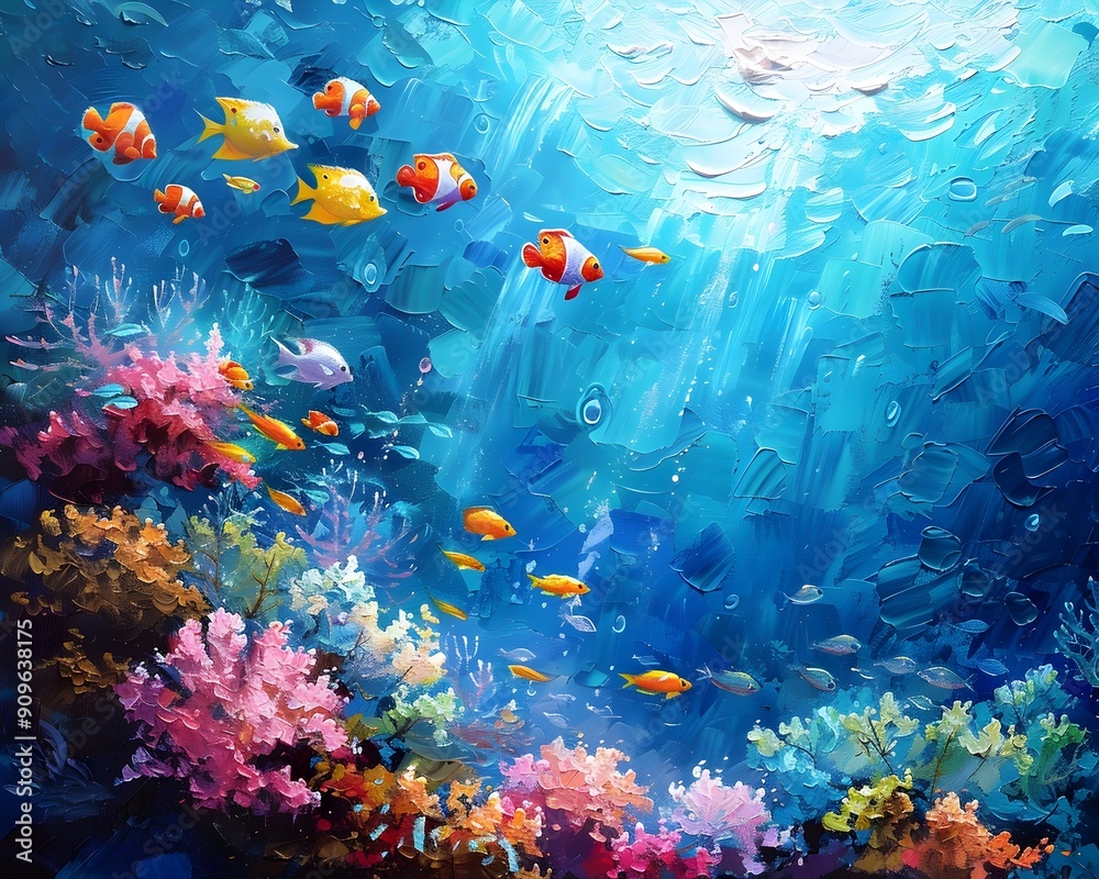 Canvas Prints vibrant coral reef teeming with colorful marine life in oil painting style