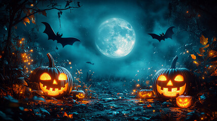 Fototapeta premium Halloween night with glowing pumpkins, bats, skull candle, and spooky decorations, moon backdrop, realistic 3D plastic