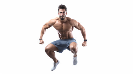 Obraz premium Sporty man jumping. Dynamic movement. Side view. Sport and healthy lifestyle