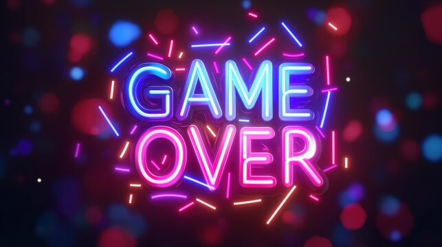 A glowing neon sign displays the words GAME OVER with colorful lights and a bokeh effect in the background - Powered by Adobe