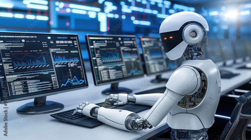 Poster a robotic figure sits at a desk, focused on multiple computer screens displaying various data analyt