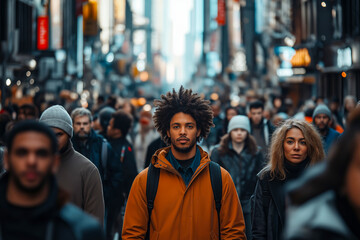 Obraz premium Vibrant Urban Street Scene with a Diverse Crowd of People in Winter Clothing