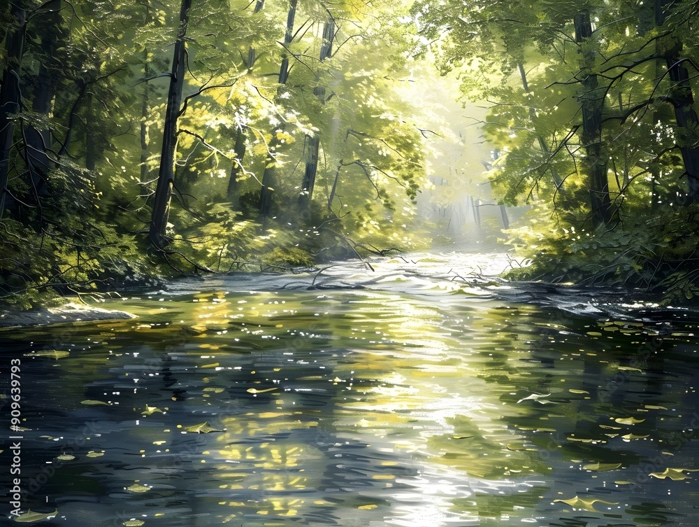 Wall mural A serene forest river with sunlight filtering through lush foliage in an oil painting style