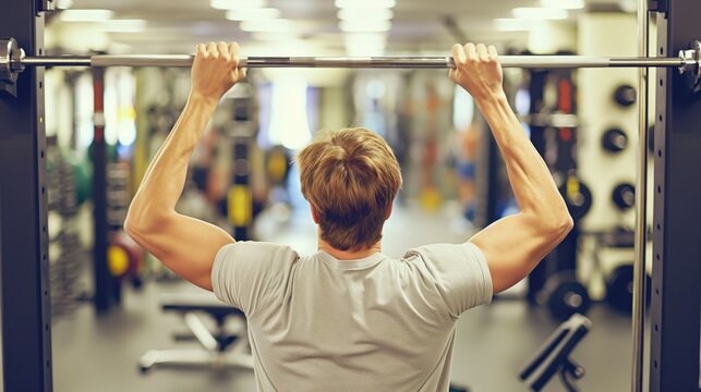 A young man demonstrates strength as he performs a pull-up on a bar in a well-equipped gym, showcasing his fitness routine in a bright and active atmosphere - Powered by Adobe