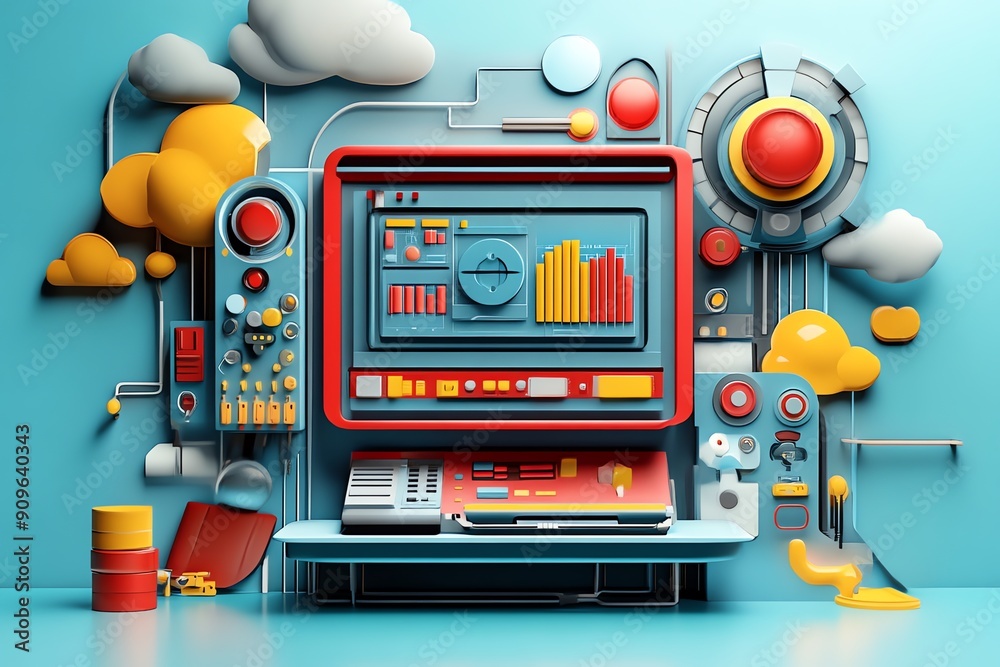 Poster abstract technology background with retro futuristic elements.