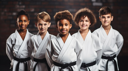 young, beautiful, successful multi ethical kids in karate position