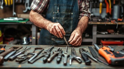 A skilled worker arranges a variety of hand tools meticulously on a wooden workbench in a well-lit home workshop