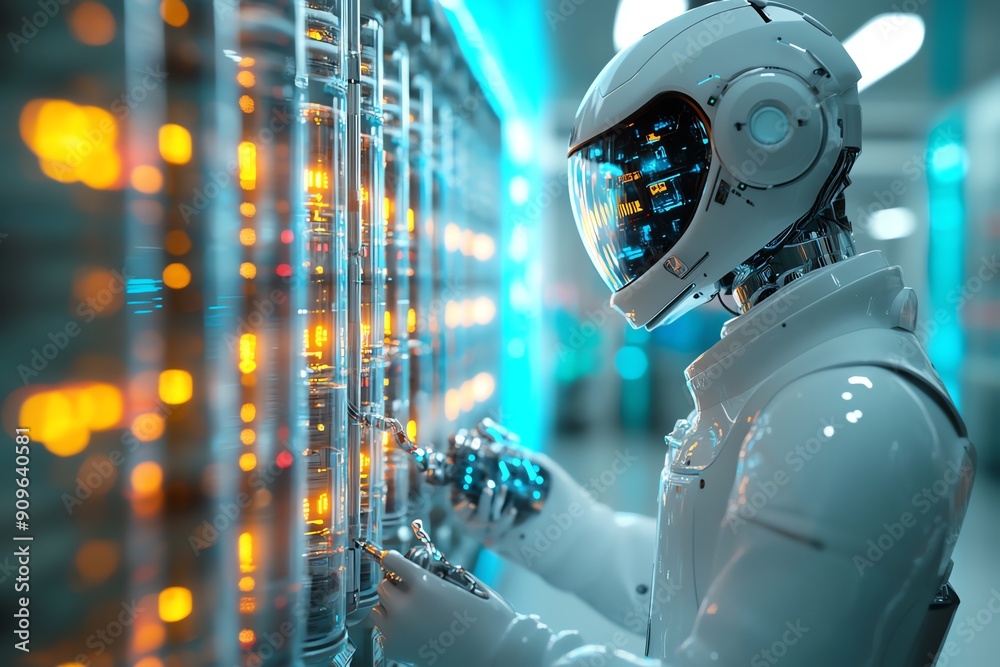 Aufkleber futuristic robot working in data center.