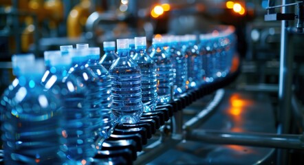 Fototapeta premium Water Bottling Factory Plant: Production Line for Pure Spring Water in Plastic Bottles