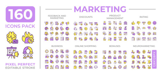 Digital marketing colorful icons set collection. Online shopping discounts. Business product management mega pack of flat line symbols, pixel perfect. Isolated vector illustrations. Editable stroke